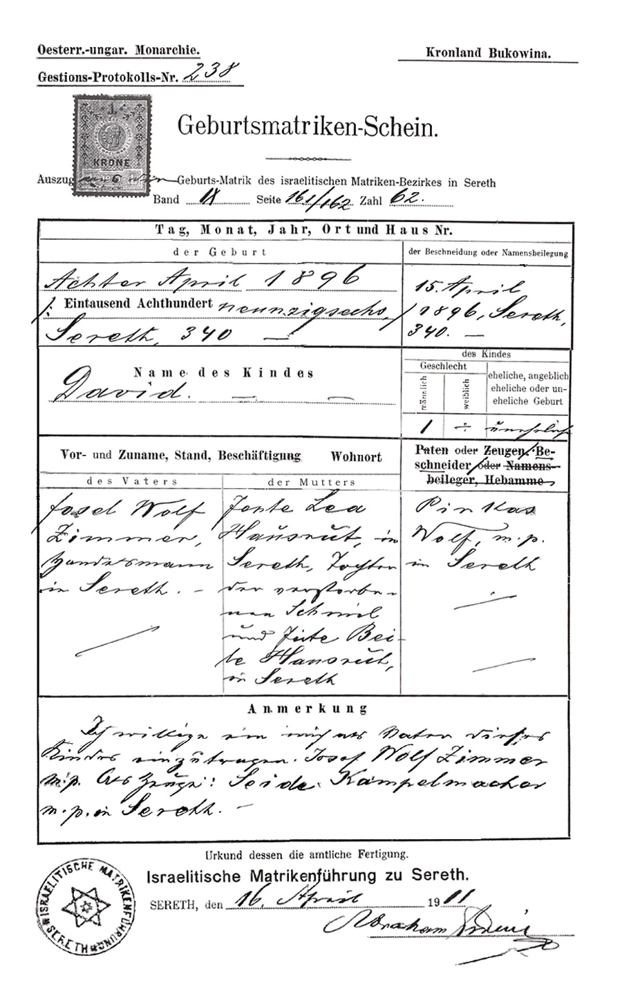 Esther's father's birth cert (Kronland Bukowina Oesterr-ungar Monarchie)